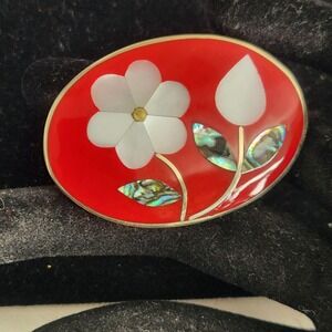 Alpaca Mexico Vintage Red Enamel Mother of Pearl Abalone Flower Oval Brooch Pin